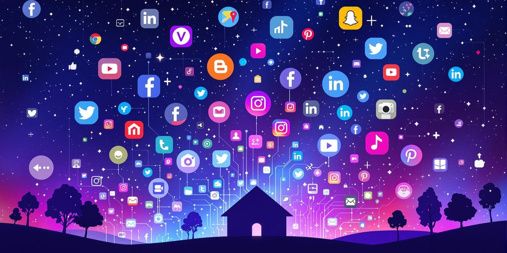 Colorful social media icons with a house silhouette foreground.