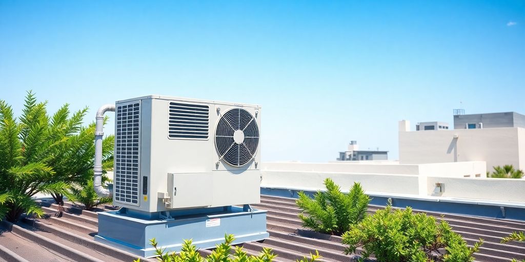 Modern HVAC unit on a rooftop with clear sky.