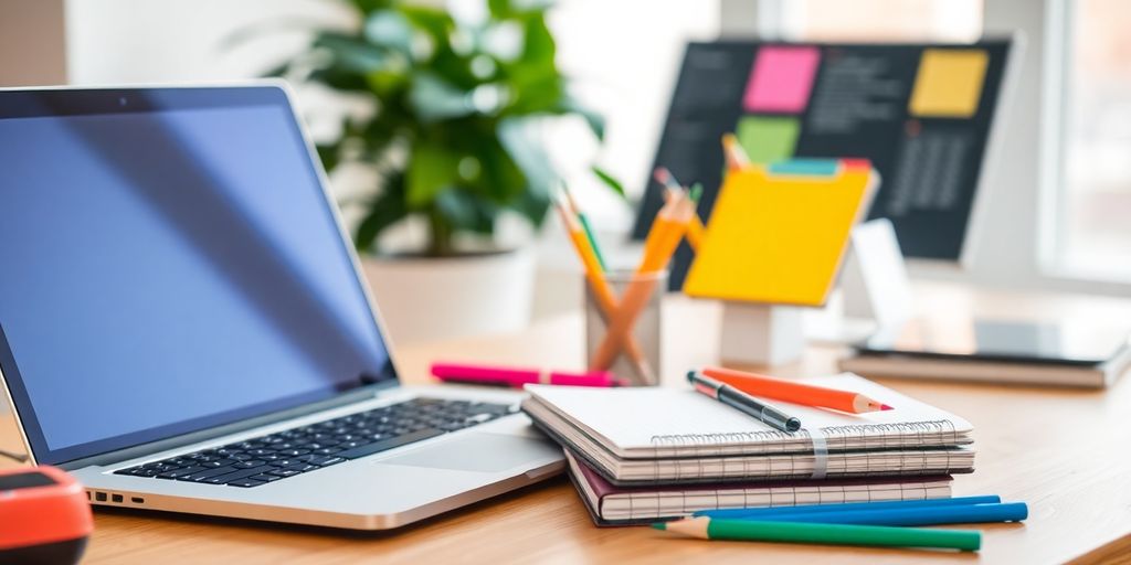 A bright workspace with a laptop and notebook.