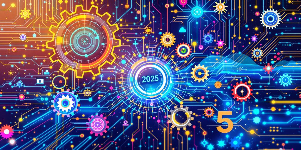 Futuristic digital landscape with gears and circuits.