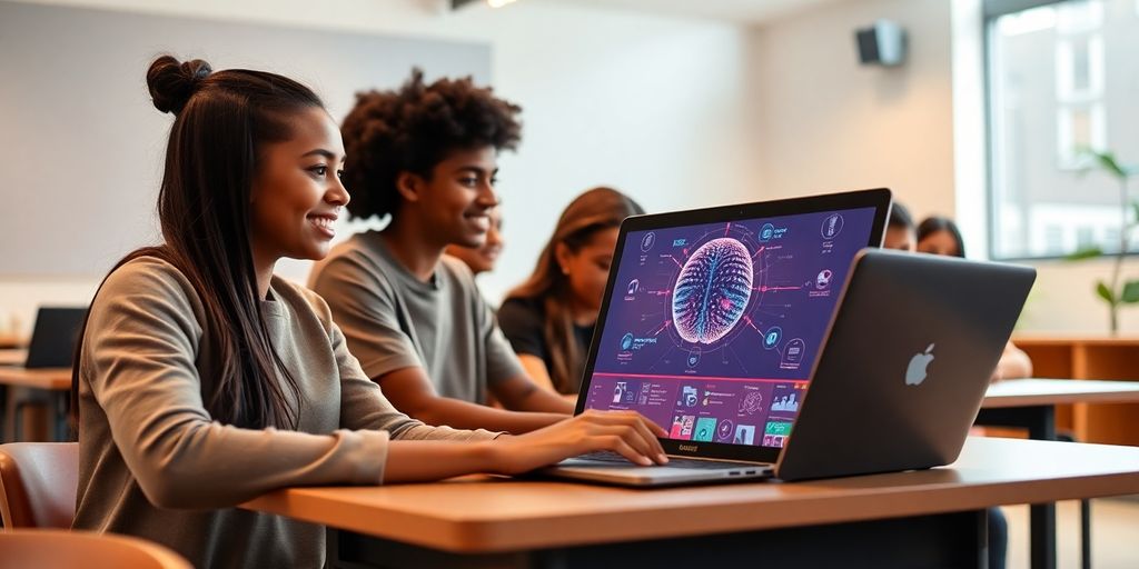 Diverse students engaged in AI learning in a classroom.