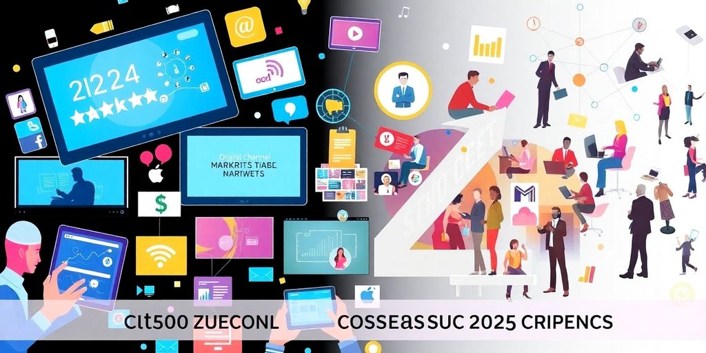 Diverse devices and users interacting in a digital landscape.