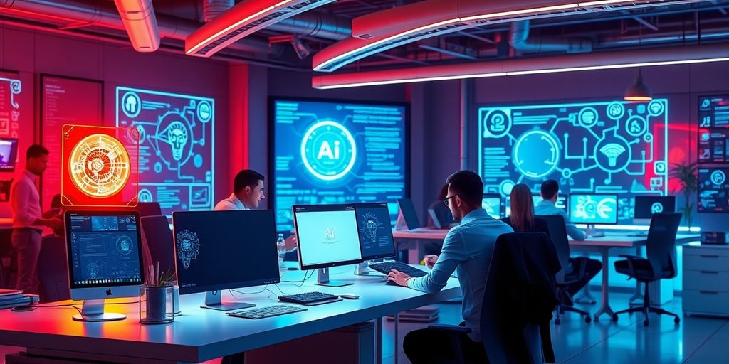 Futuristic marketing office with advanced AI technology and collaboration.