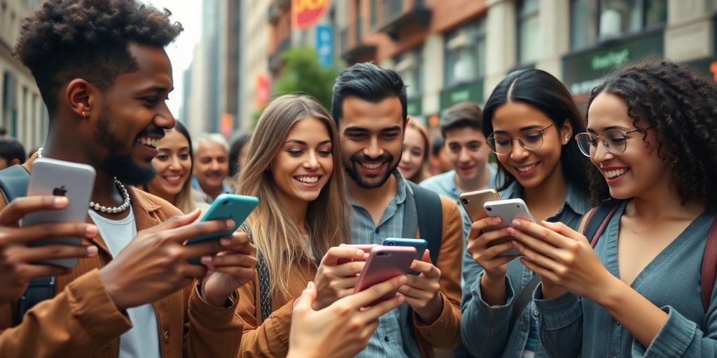 People engaging with social media on smartphones outdoors.