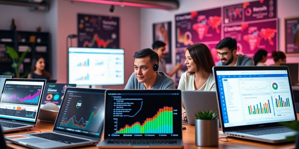 A dynamic workspace showcasing digital marketing with AI tools.