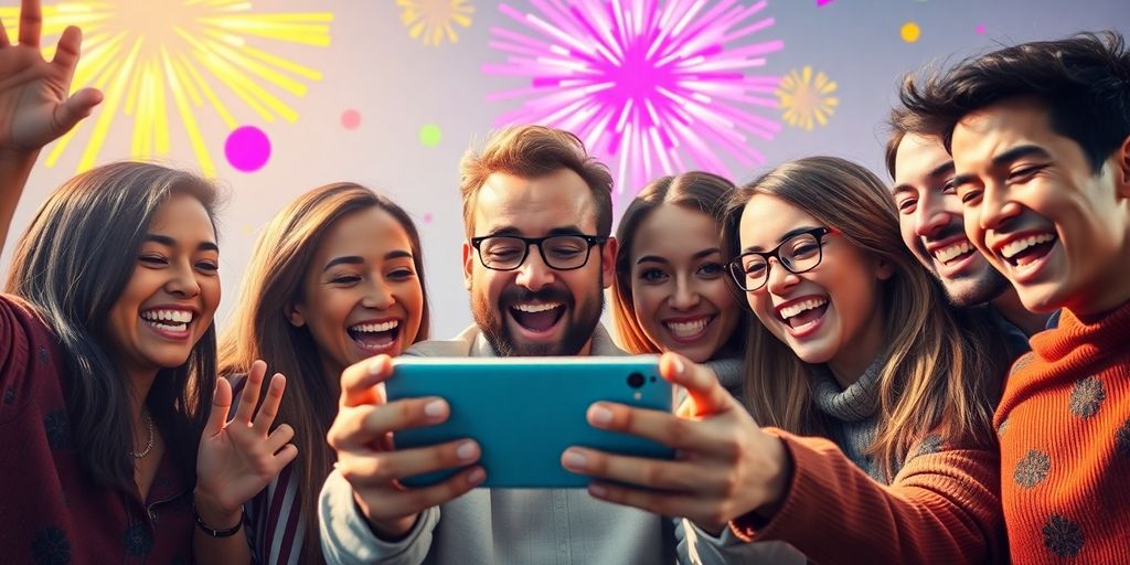 Group of people excitedly watching a smartphone together.