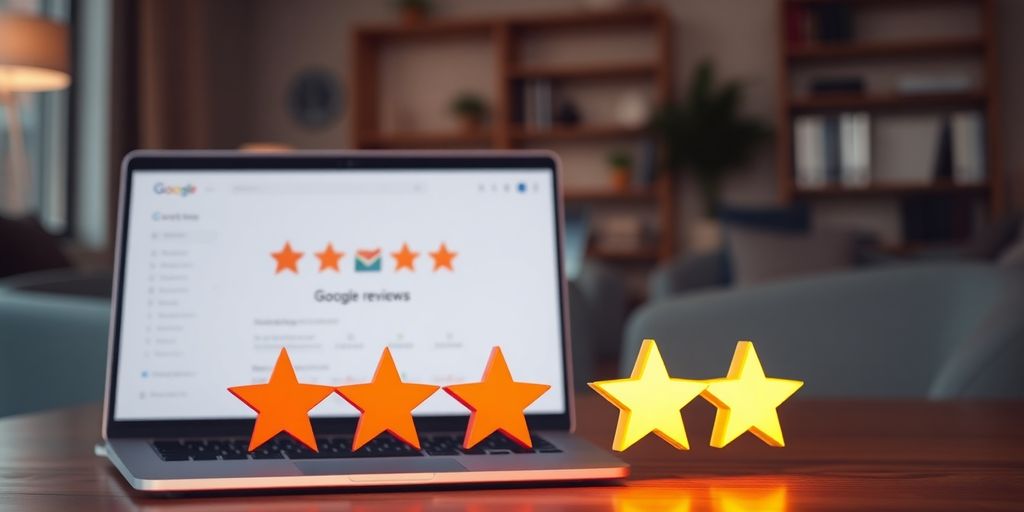 Ultra-realistic image of Google review stars and laptop.