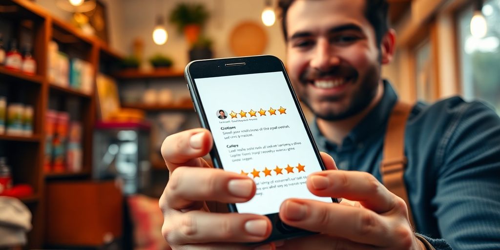 Smartphone with glowing reviews in a cozy shop.