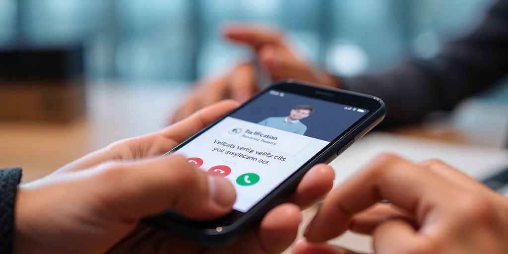 Smartphone receiving a verification call in a business setting.